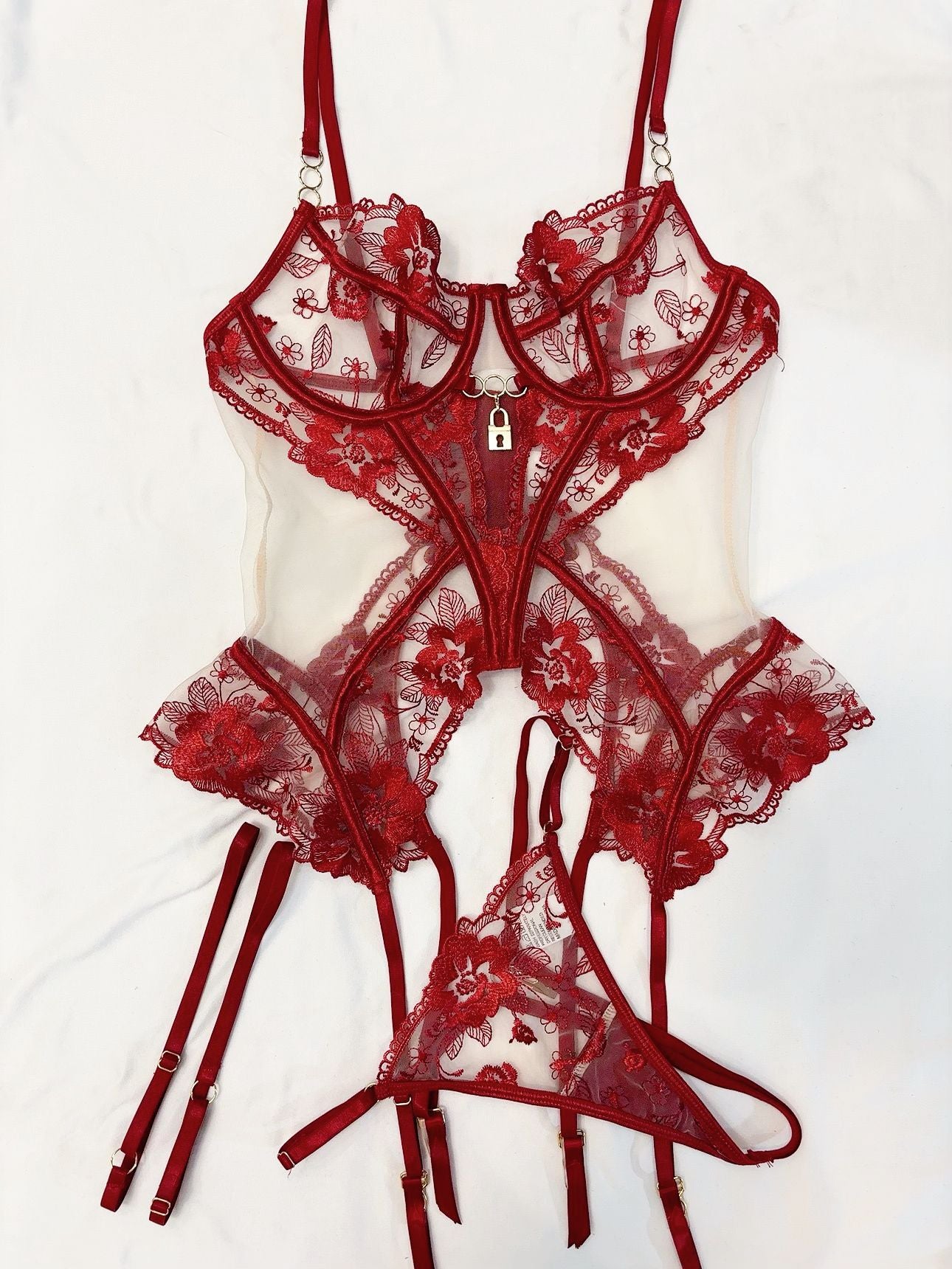 Ensemble soutien-gorge sexy en dentelle transparente et résille, lingerie trois pièces