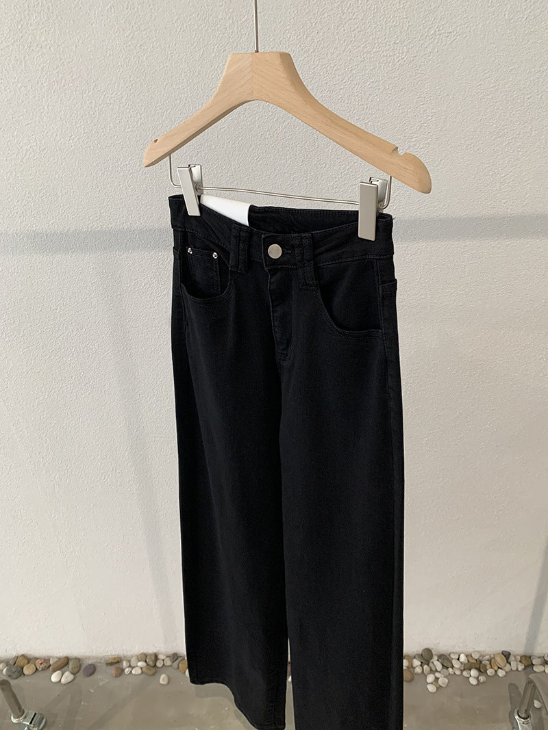 Jean taille haute, style décontracté printanier, coupe droite délavée, tendance