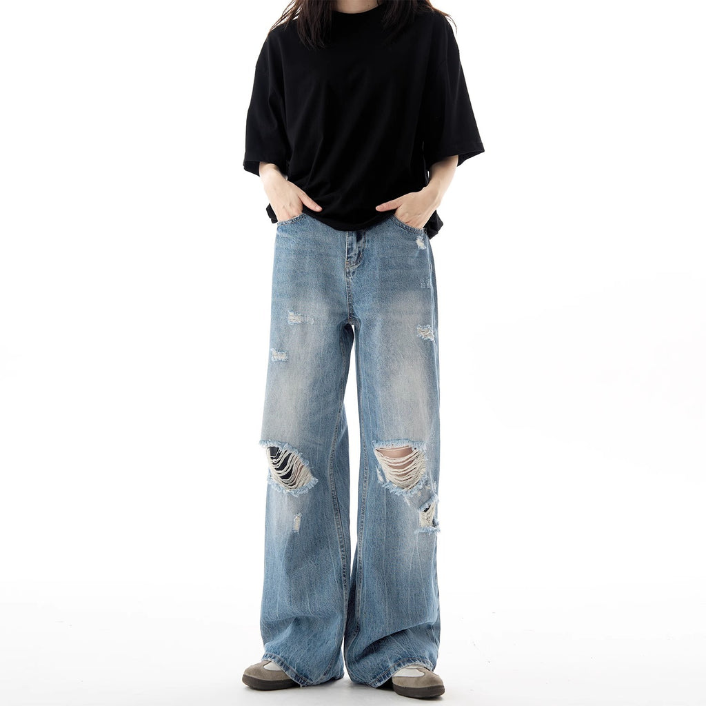 Jean déchiré style streetwear, coupe ample, jambe droite, décontracté, respirant, pantalon long fluide