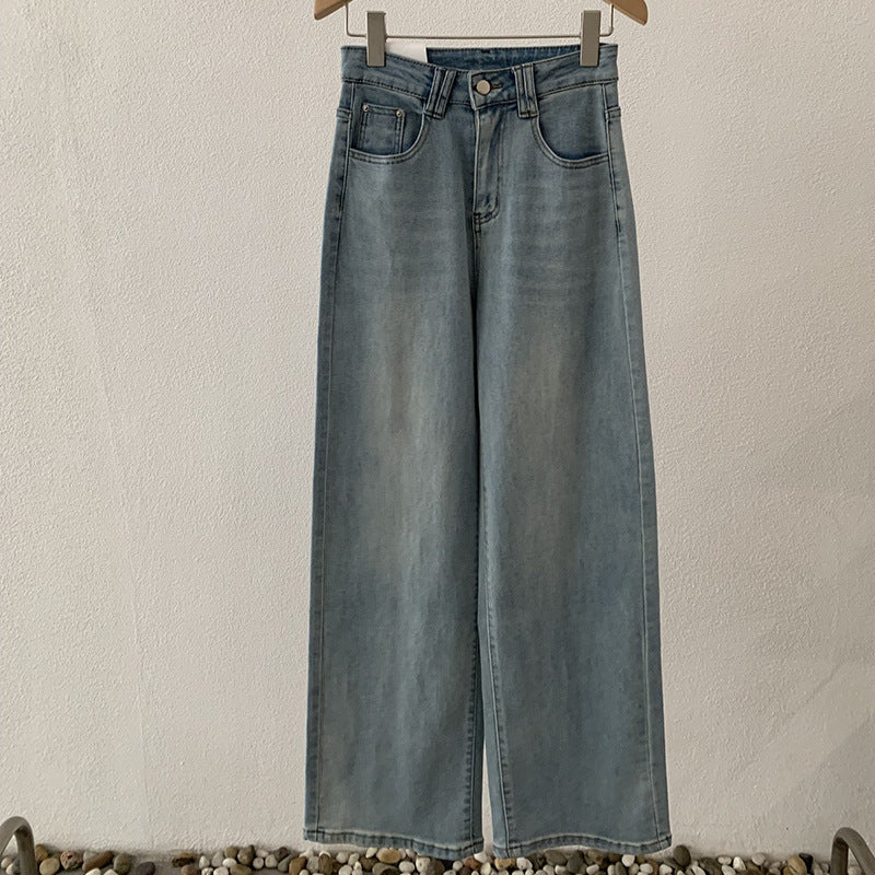 Jean taille haute, style décontracté printanier, coupe droite délavée, tendance