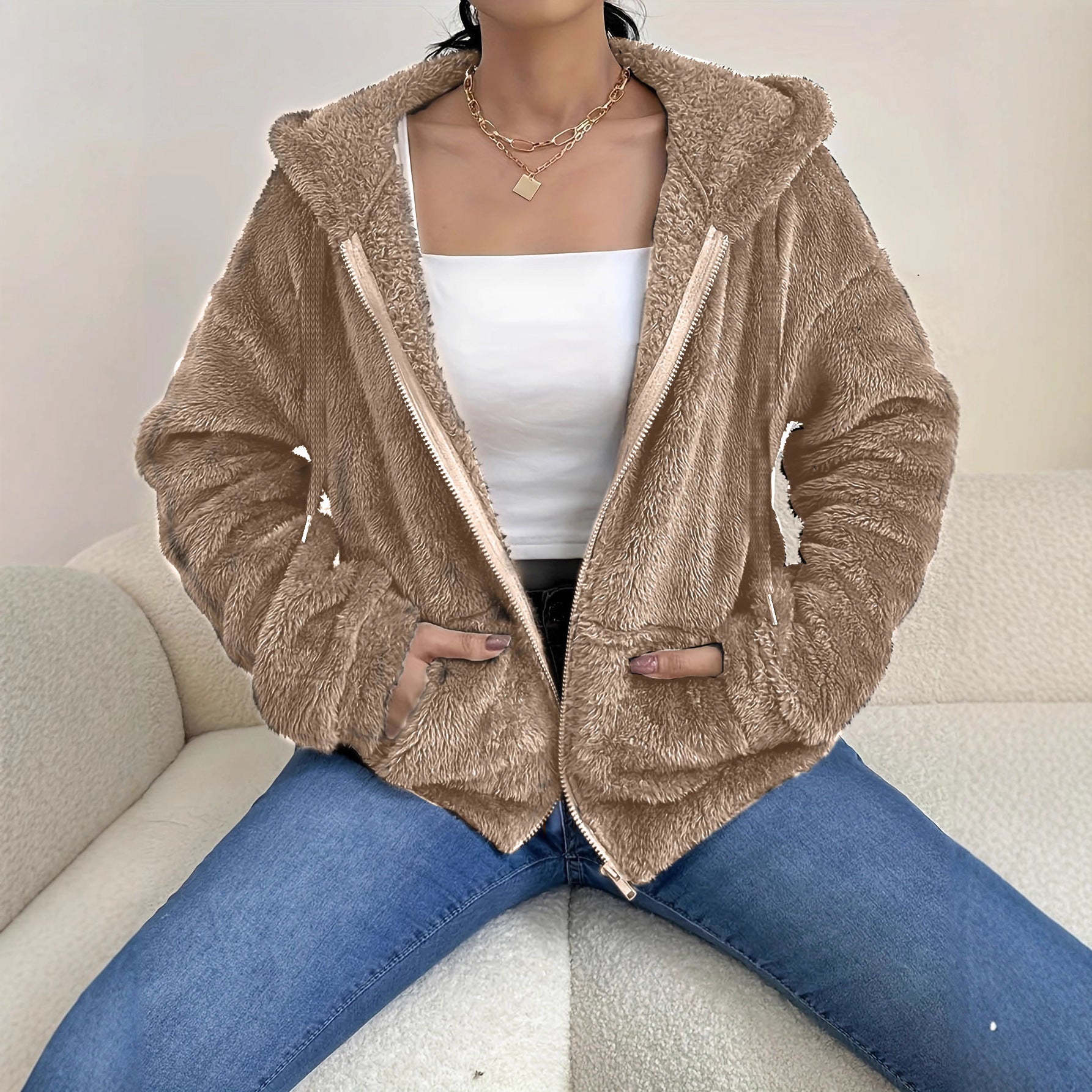 cardigan à capuche zippé de couleur unie avec poches