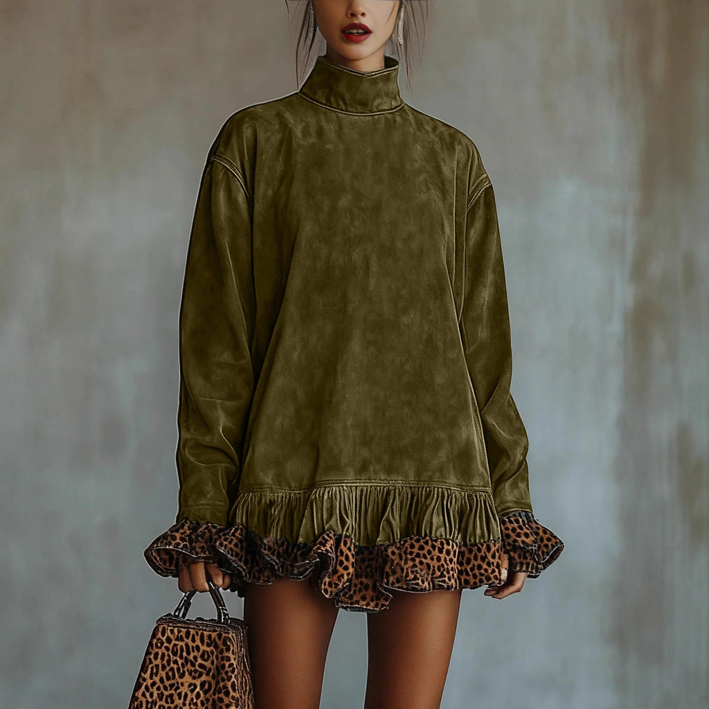 Robe patchwork léopard à col montant et manches longues