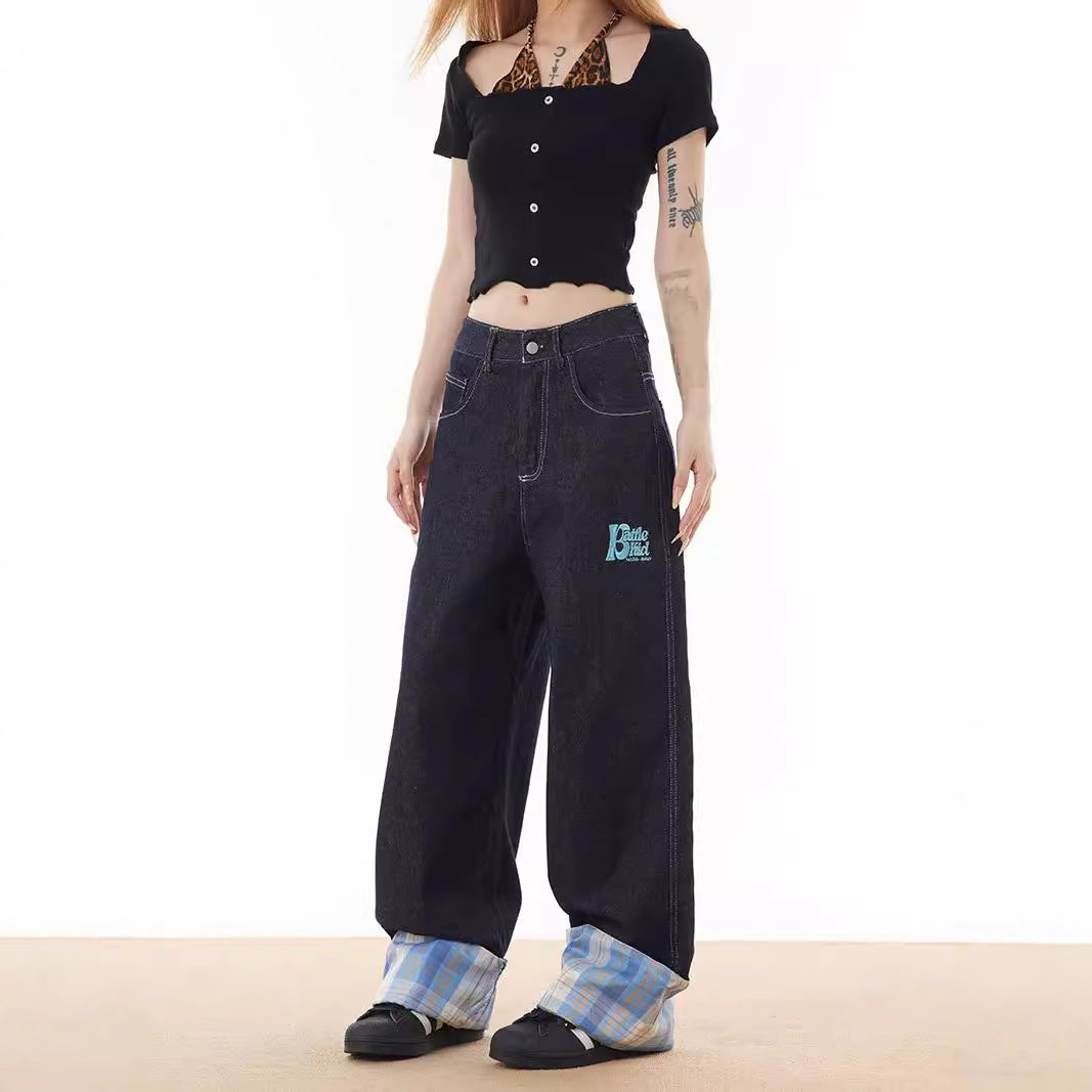 Jean à carreaux patchwork à ourlet roulé