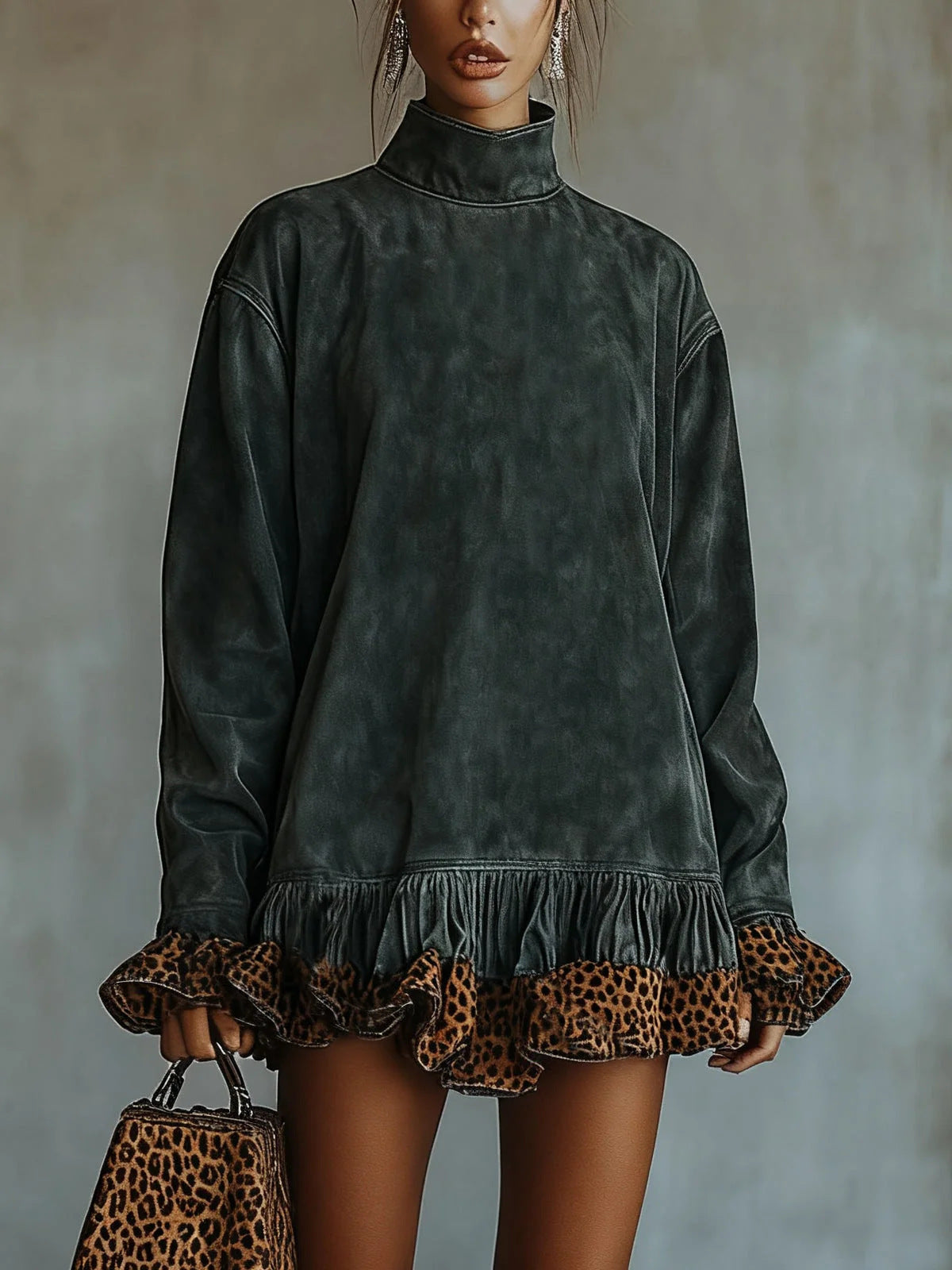 Robe patchwork léopard à col montant et manches longues