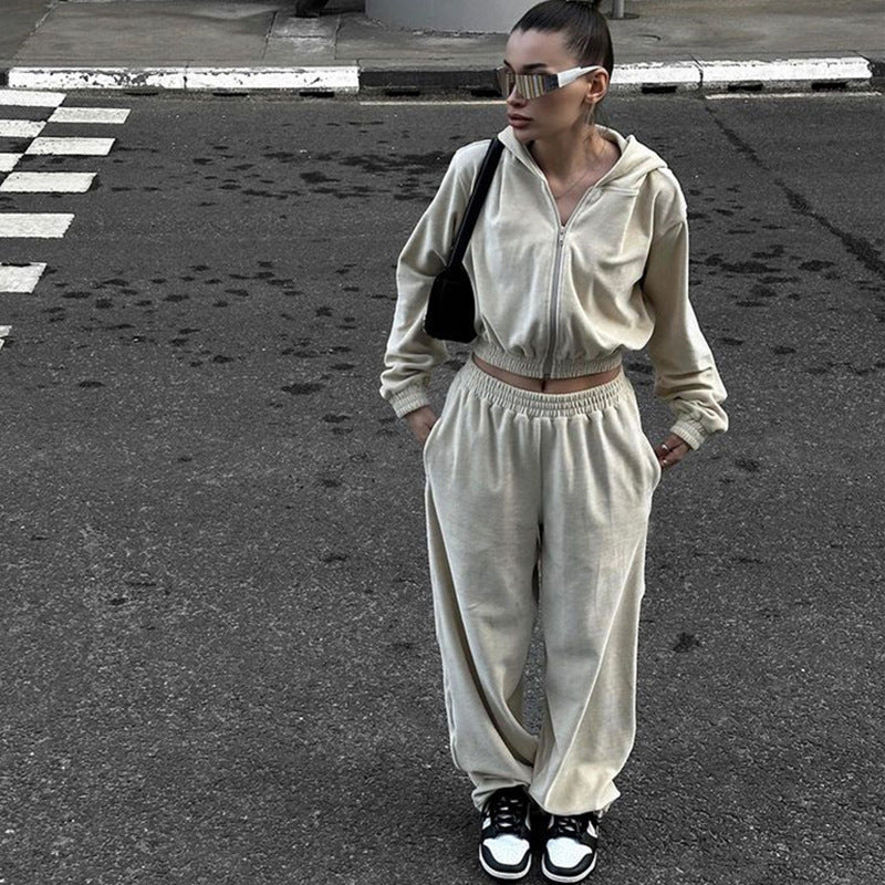 Long sleeved hooded cardigan and elastic long pants set