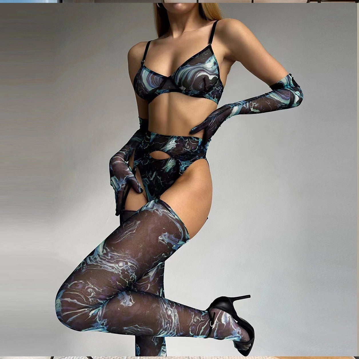 Ensemble de lingerie sexy cinq pièces en maille froncée, tie-dye colorée