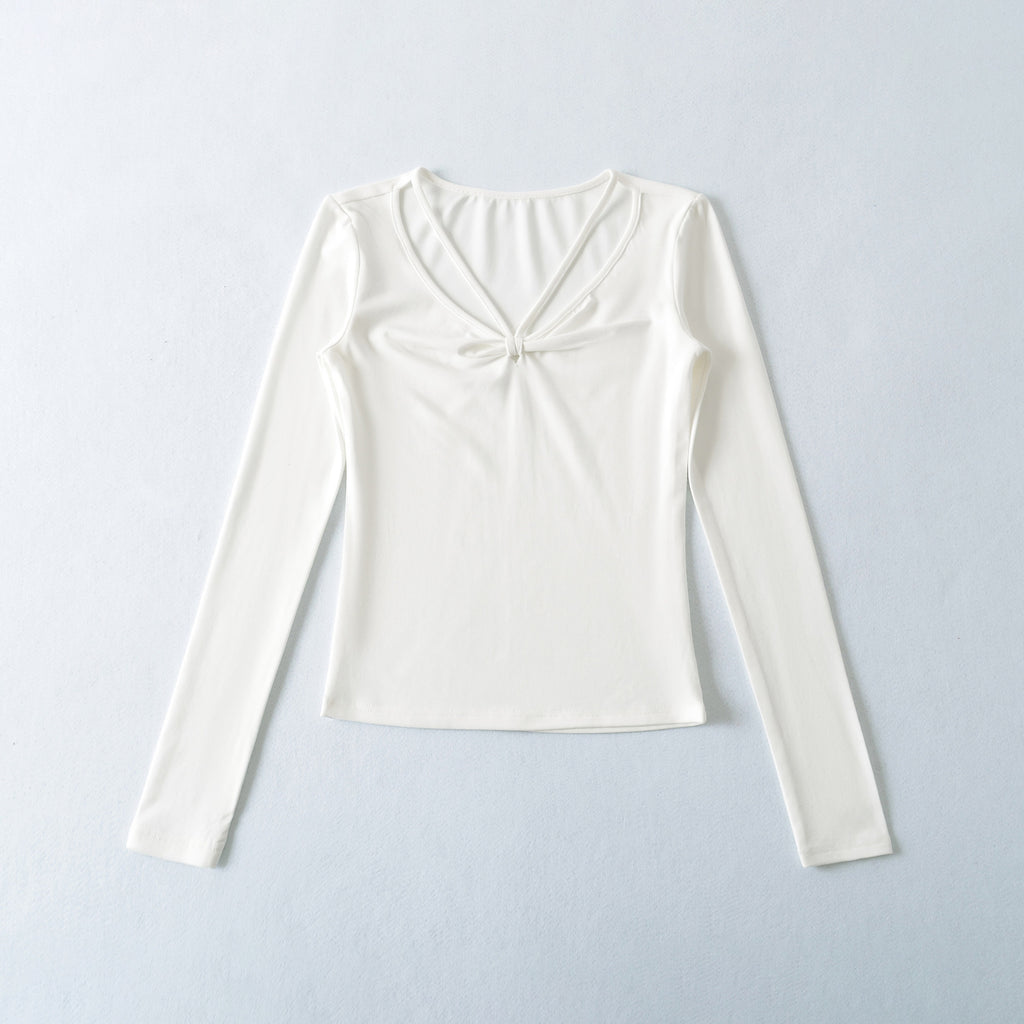 T-shirt à manches longues plissé, col en V et lacets