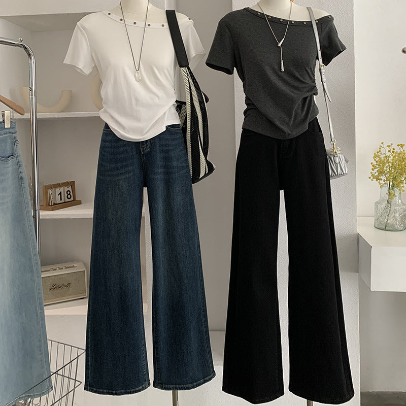 Jean taille haute, style décontracté printanier, coupe droite délavée, tendance