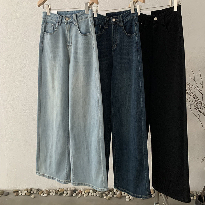 Jean taille haute, style décontracté printanier, coupe droite délavée, tendance