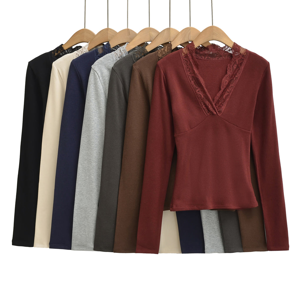 T-shirt à manches longues, col en V bordé de dentelle