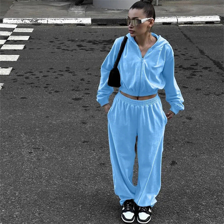 Long sleeved hooded cardigan and elastic long pants set