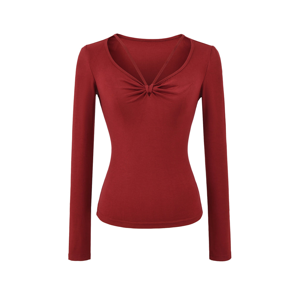 T-shirt à manches longues plissé, col en V et lacets