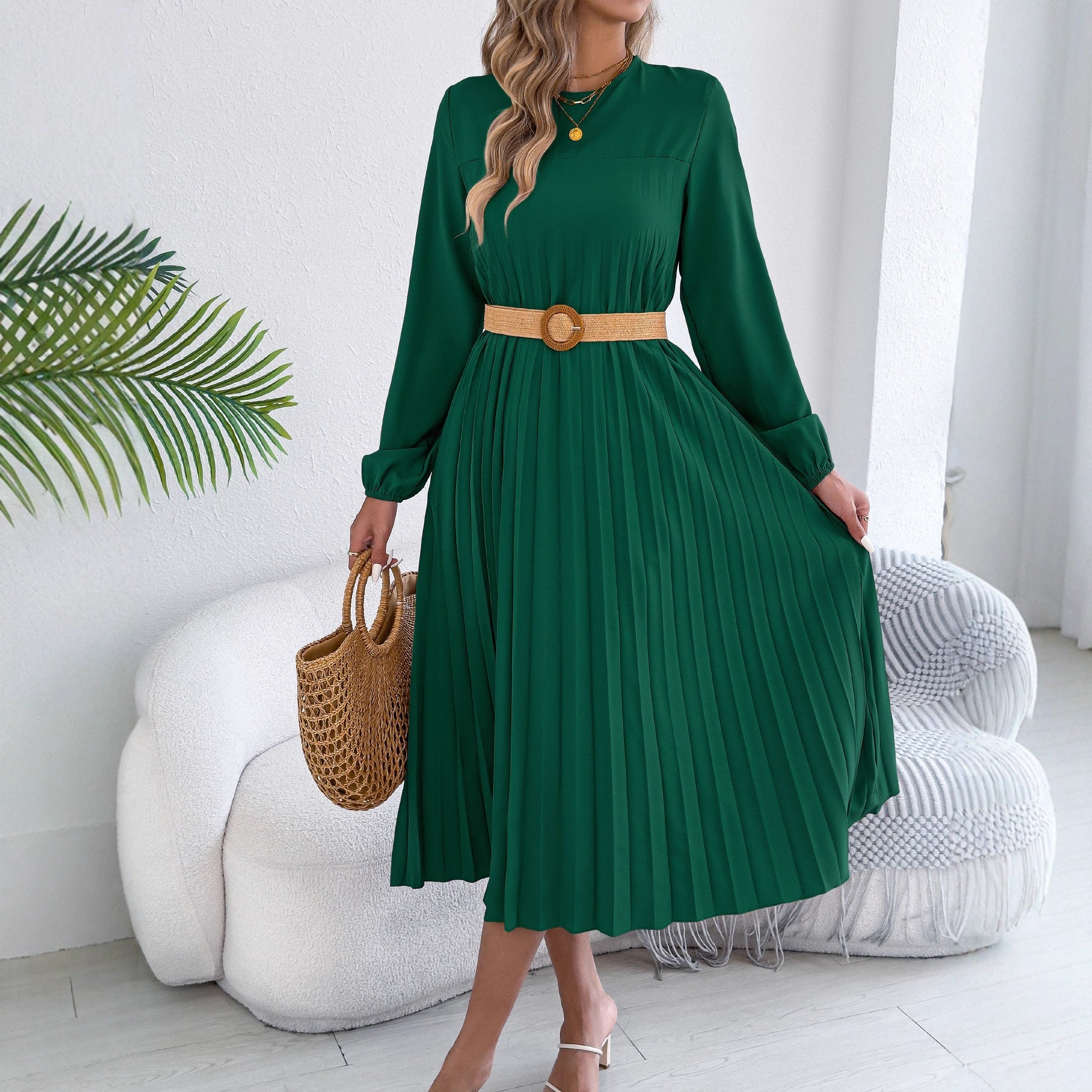 robe plissée à manches longues et poches