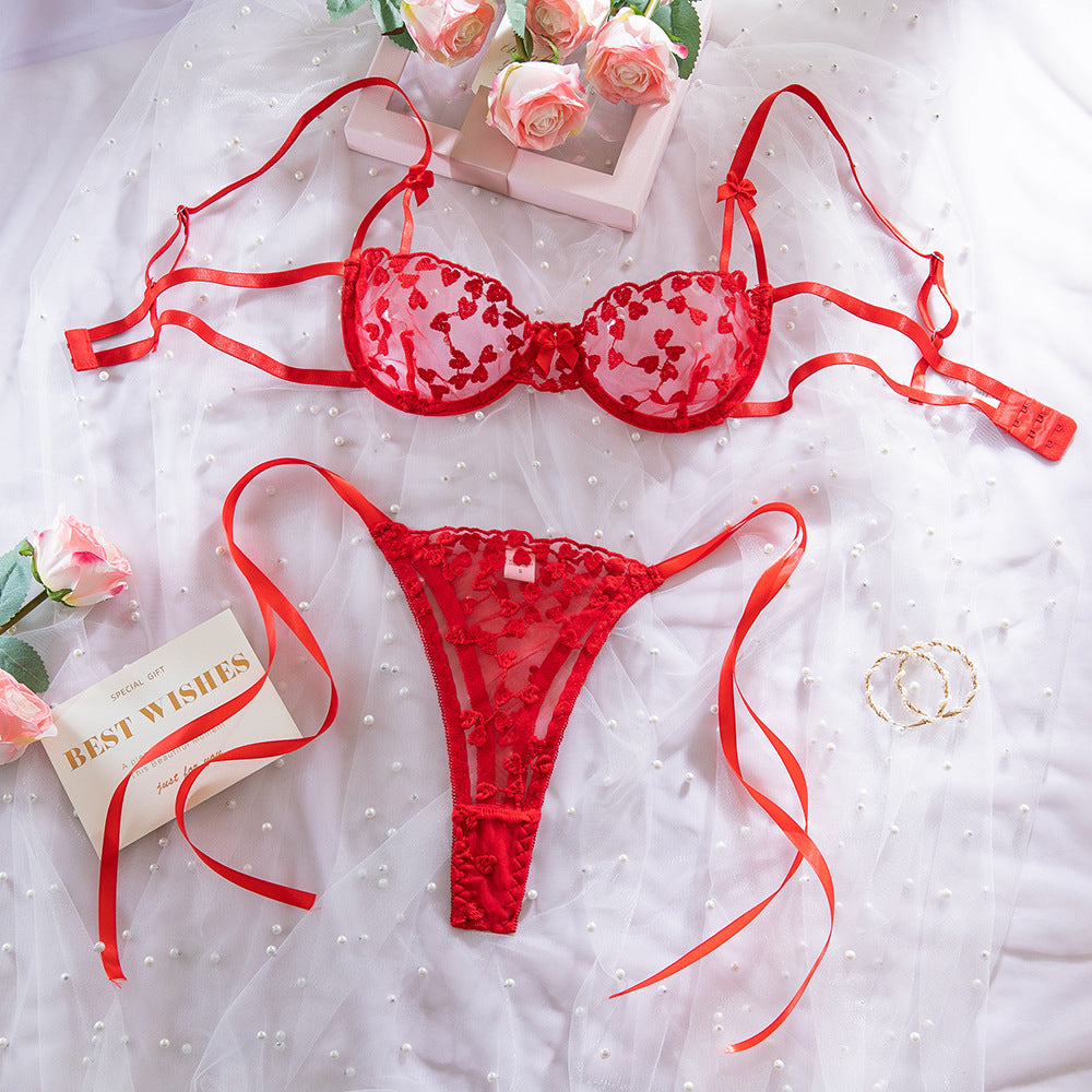 Ensemble soutien-gorge rouge brodé en forme de cœur, sexy, ajouré et respirant