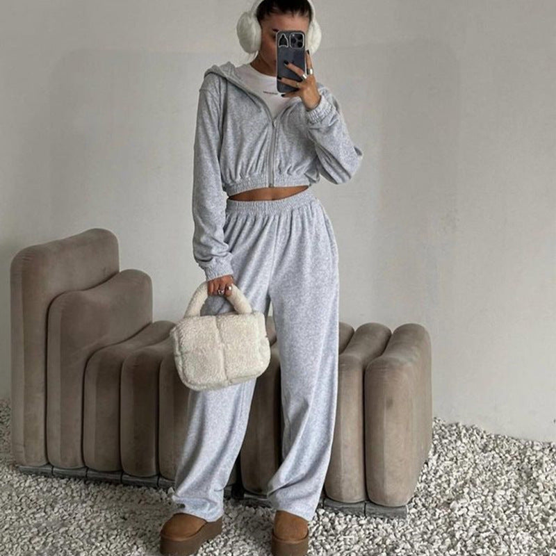 Long sleeved hooded cardigan and elastic long pants set