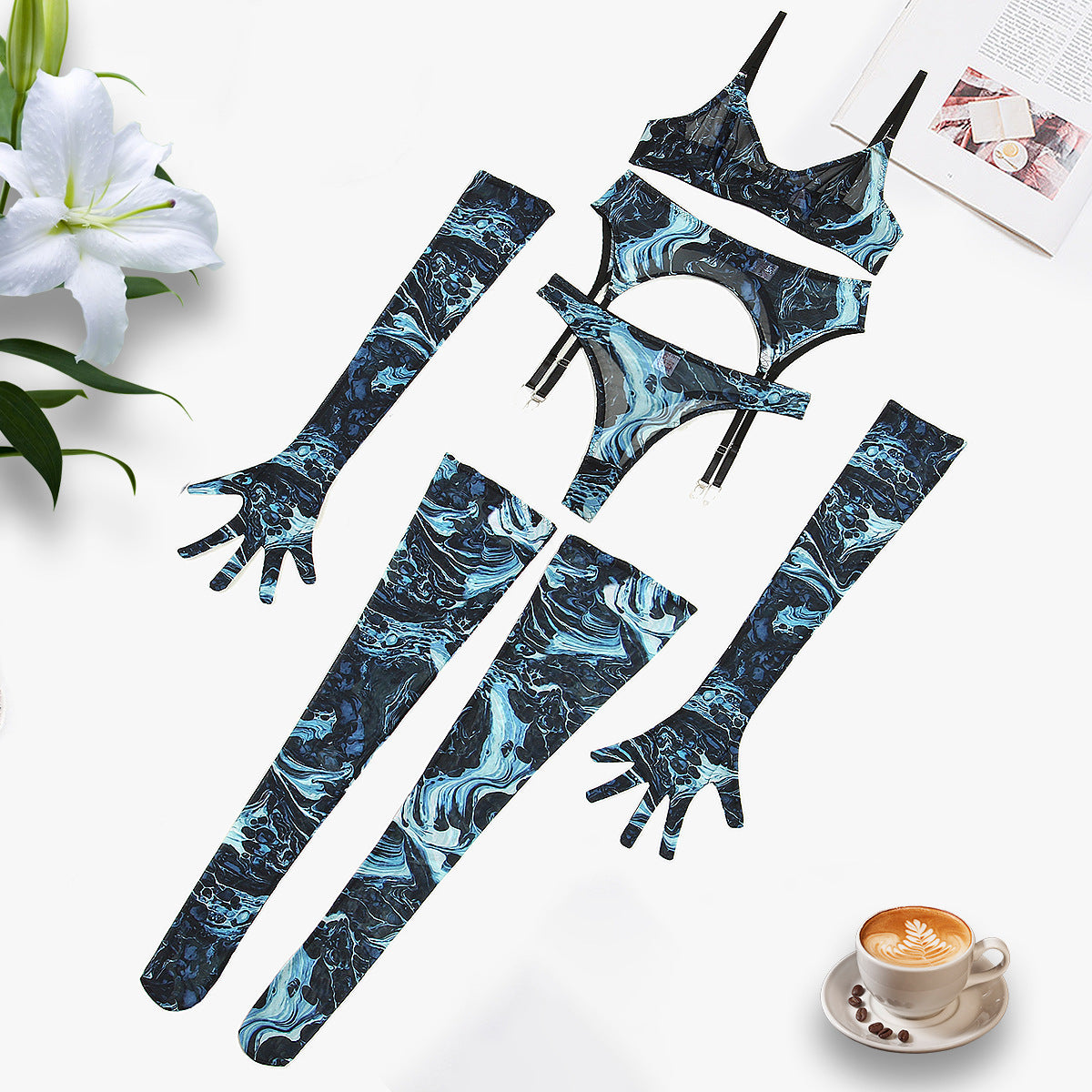 Ensemble de lingerie sexy cinq pièces en maille froncée, tie-dye colorée