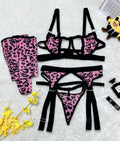Ensemble de lingerie sexy quatre pièces en résille ajourée à imprimé léopard sauvage avec bas