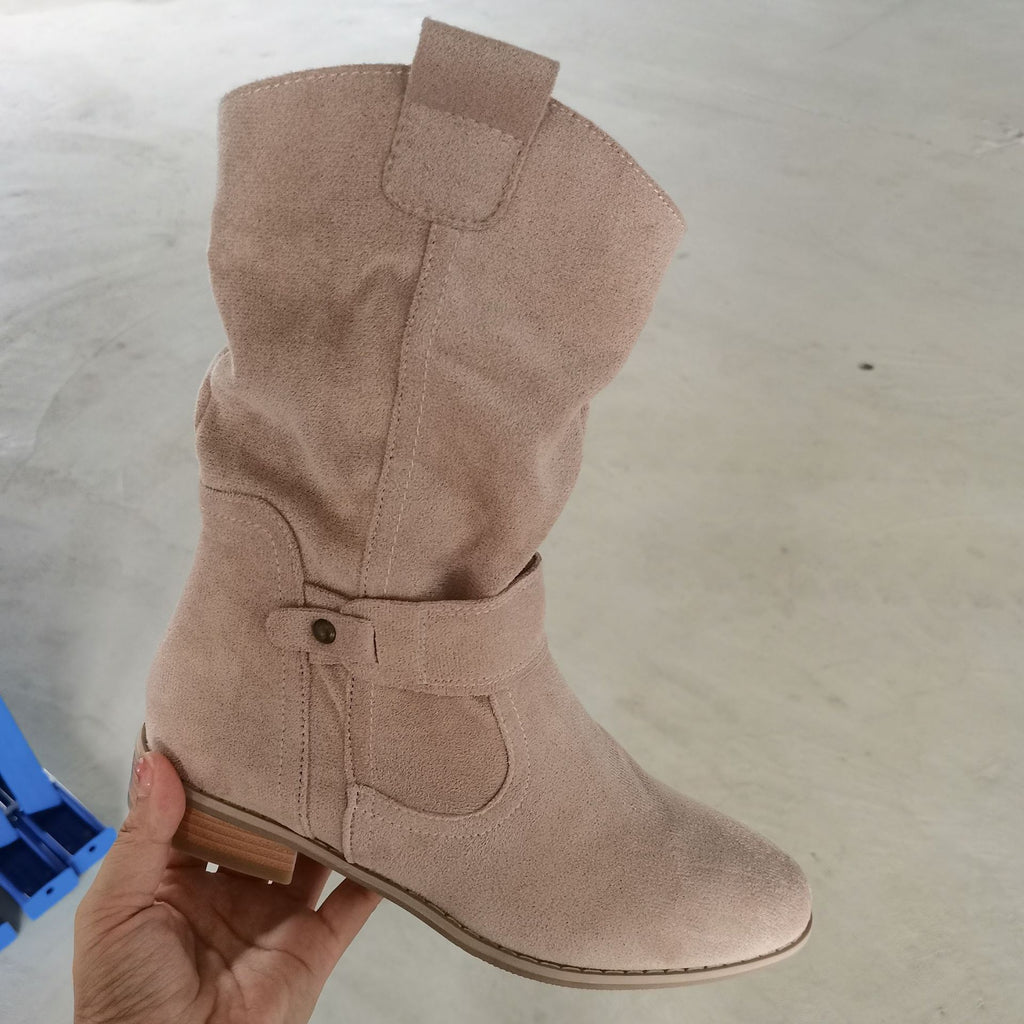 Bottes basses plissées en daim à petits talons carrés