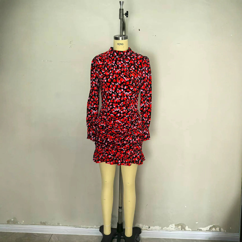 Robe plissée imprimée à manches longues