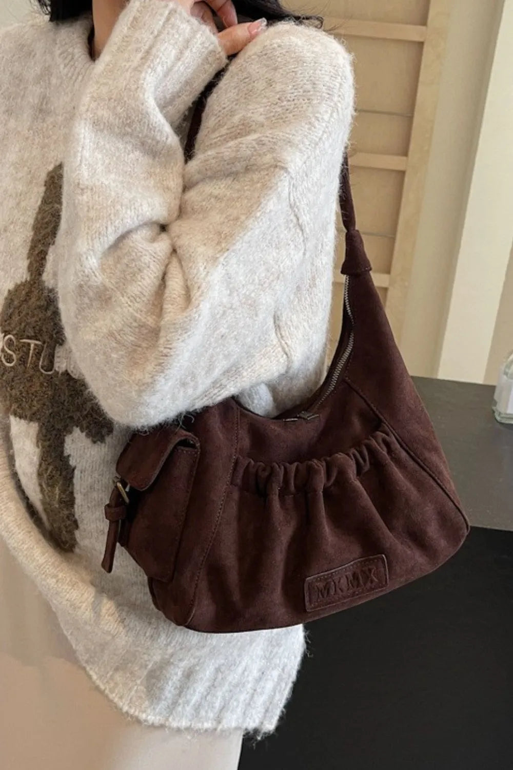 Sac à main en daim froncé avec fermeture éclair