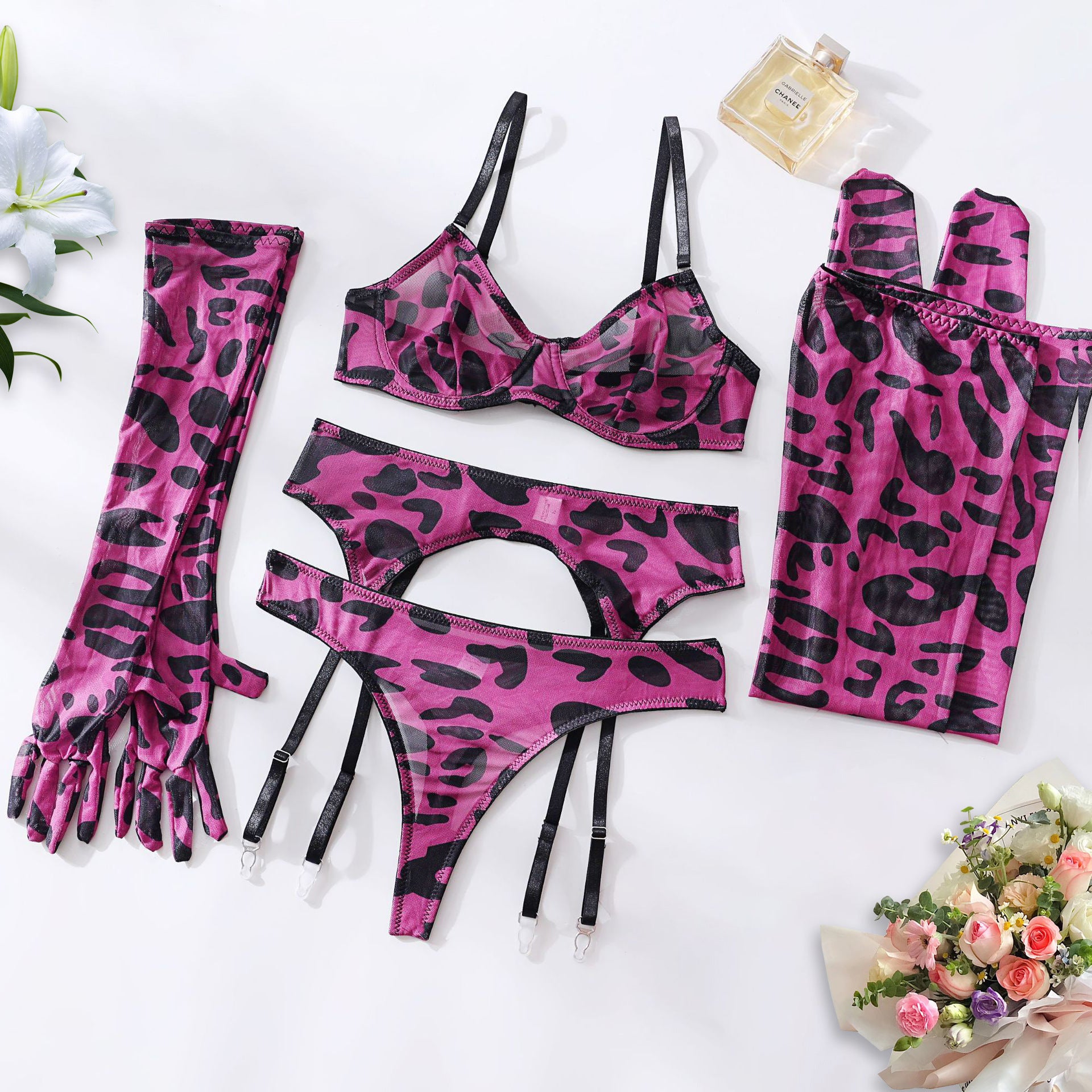 Ensemble de lingerie sexy cinq pièces en maille froncée, tie-dye colorée