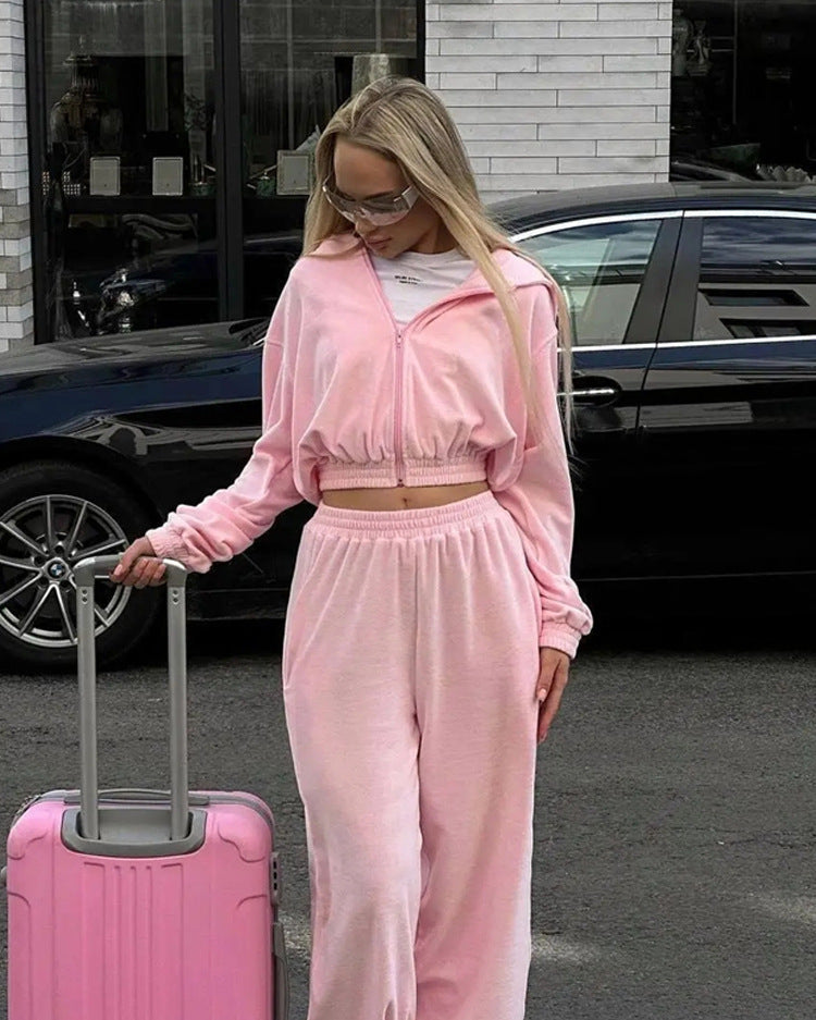 Long sleeved hooded cardigan and elastic long pants set