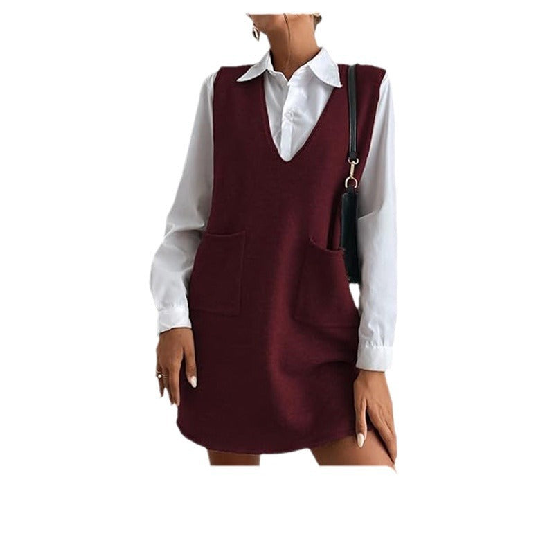 Robe sans manches polyvalente mi-longue en maille double face, collection automne/hiver coréenne, couleur unie.