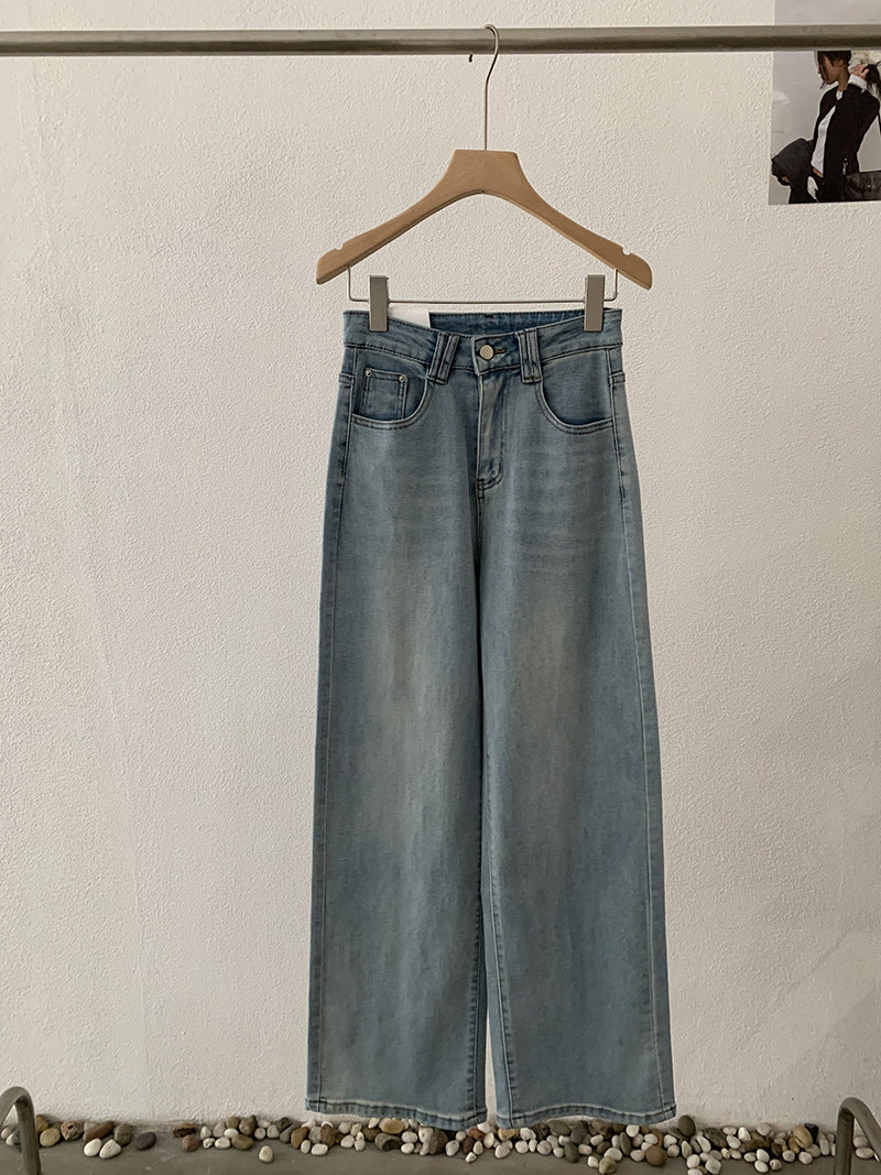 Jean taille haute, style décontracté printanier, coupe droite délavée, tendance