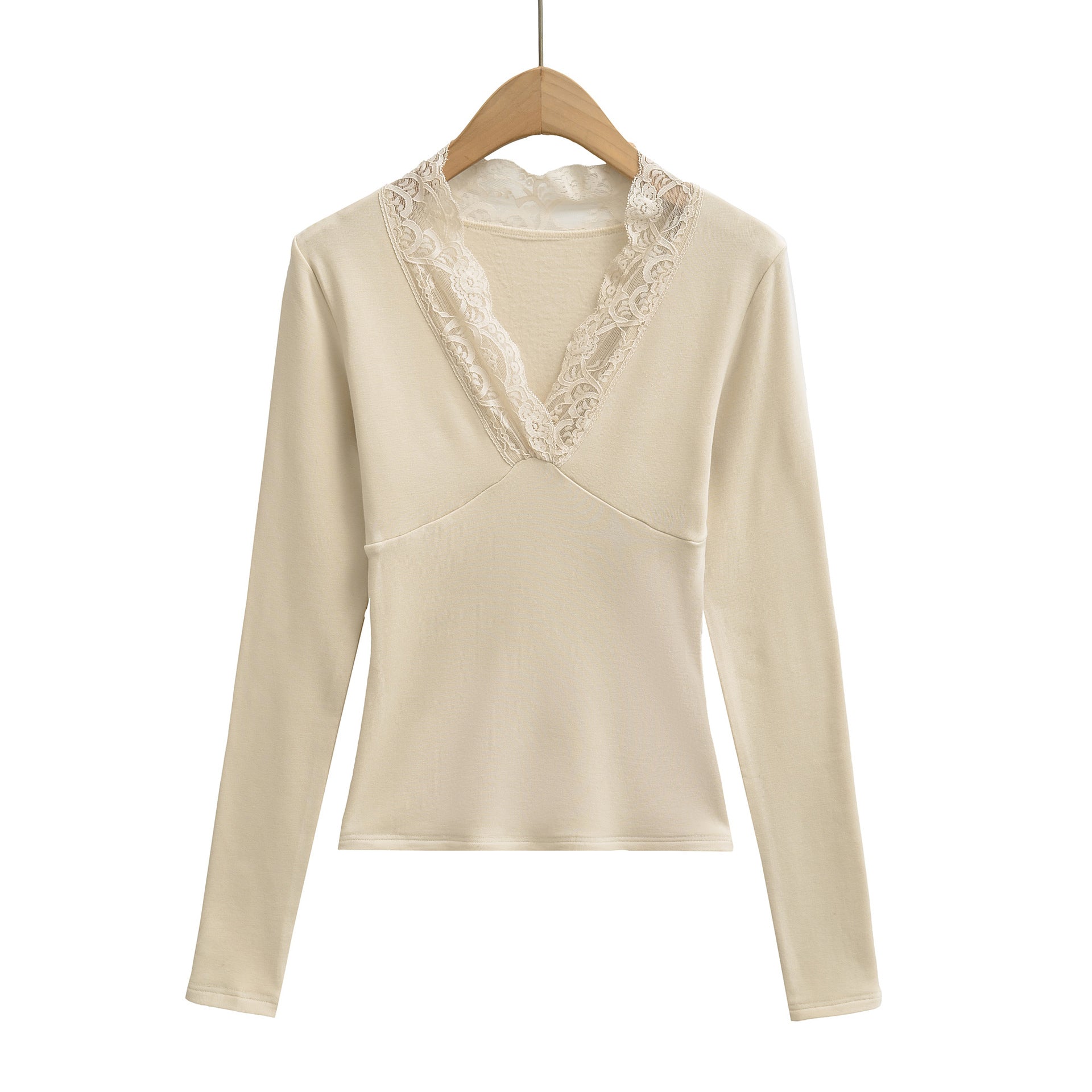 T-shirt à manches longues, col en V bordé de dentelle