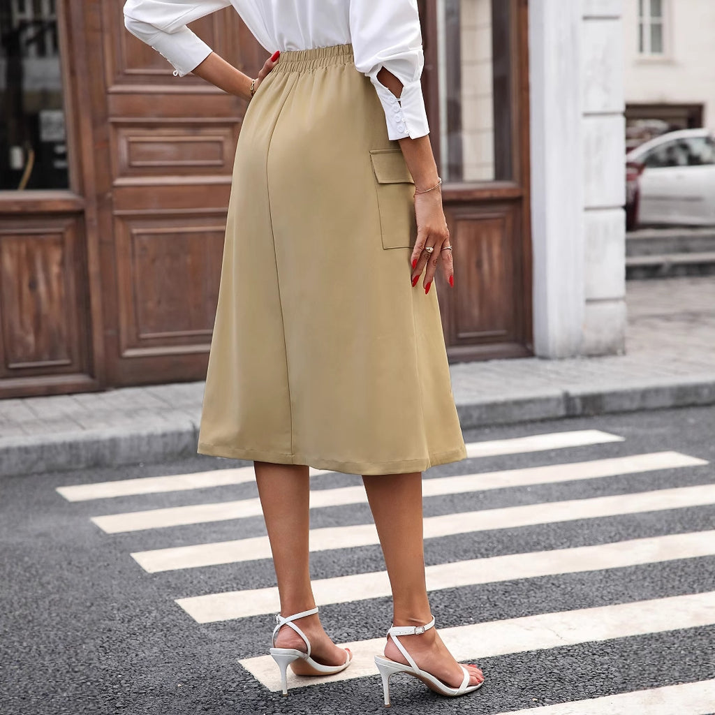 Jupe trapèze mi-longue taille haute