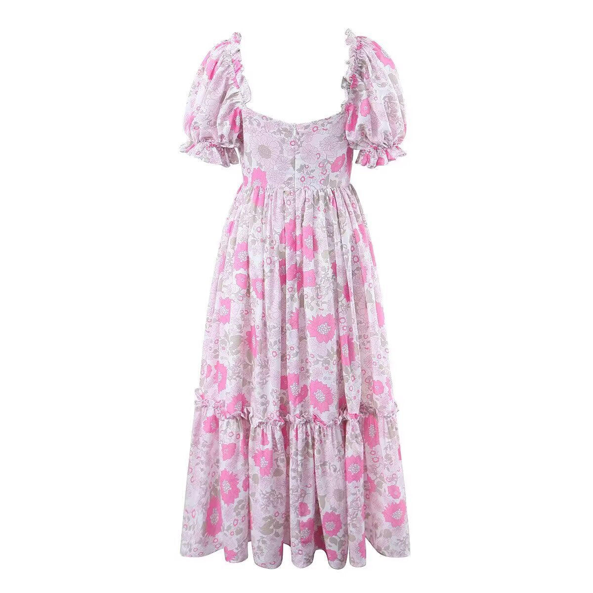 Robe femme style années 80 à manches bouffantes, imprimé floral rose, taille cintrée