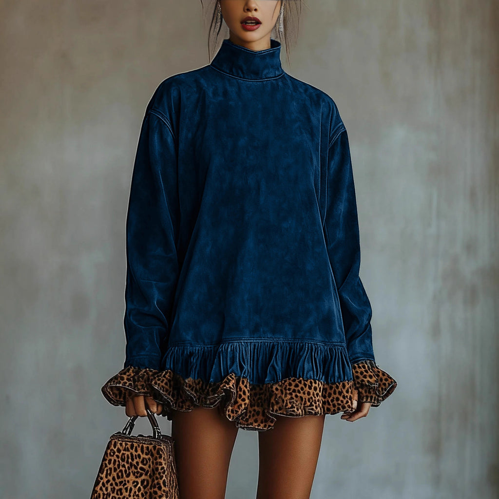 Robe patchwork léopard à col montant et manches longues