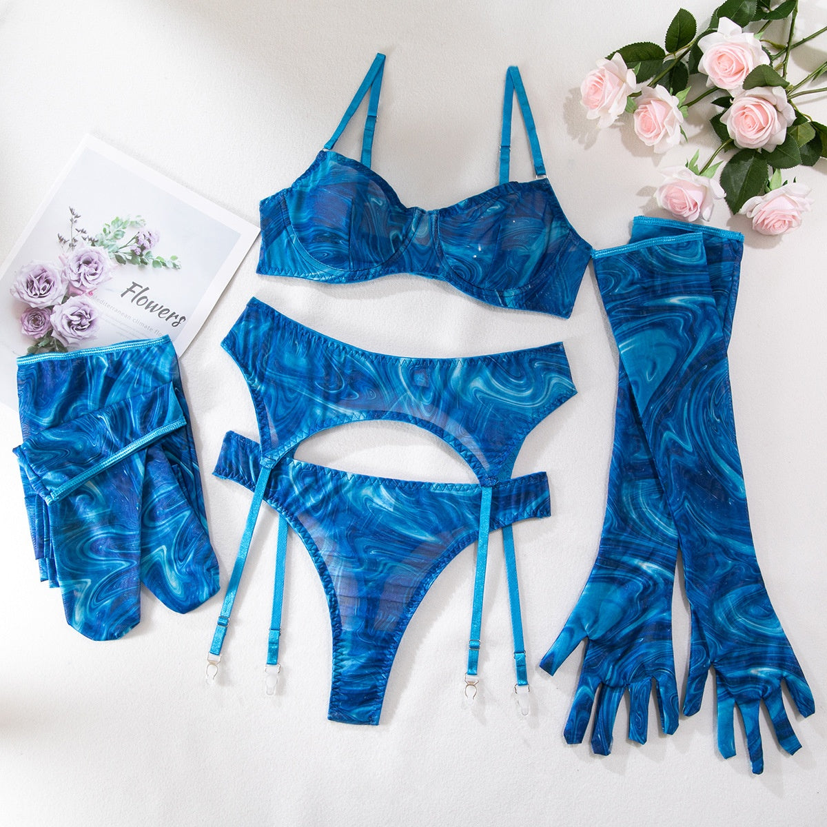 Ensemble de sous-vêtements sexy transparents push-up imprimés avec gants et jarretières pour femmes (ensemble de 5 pièces)