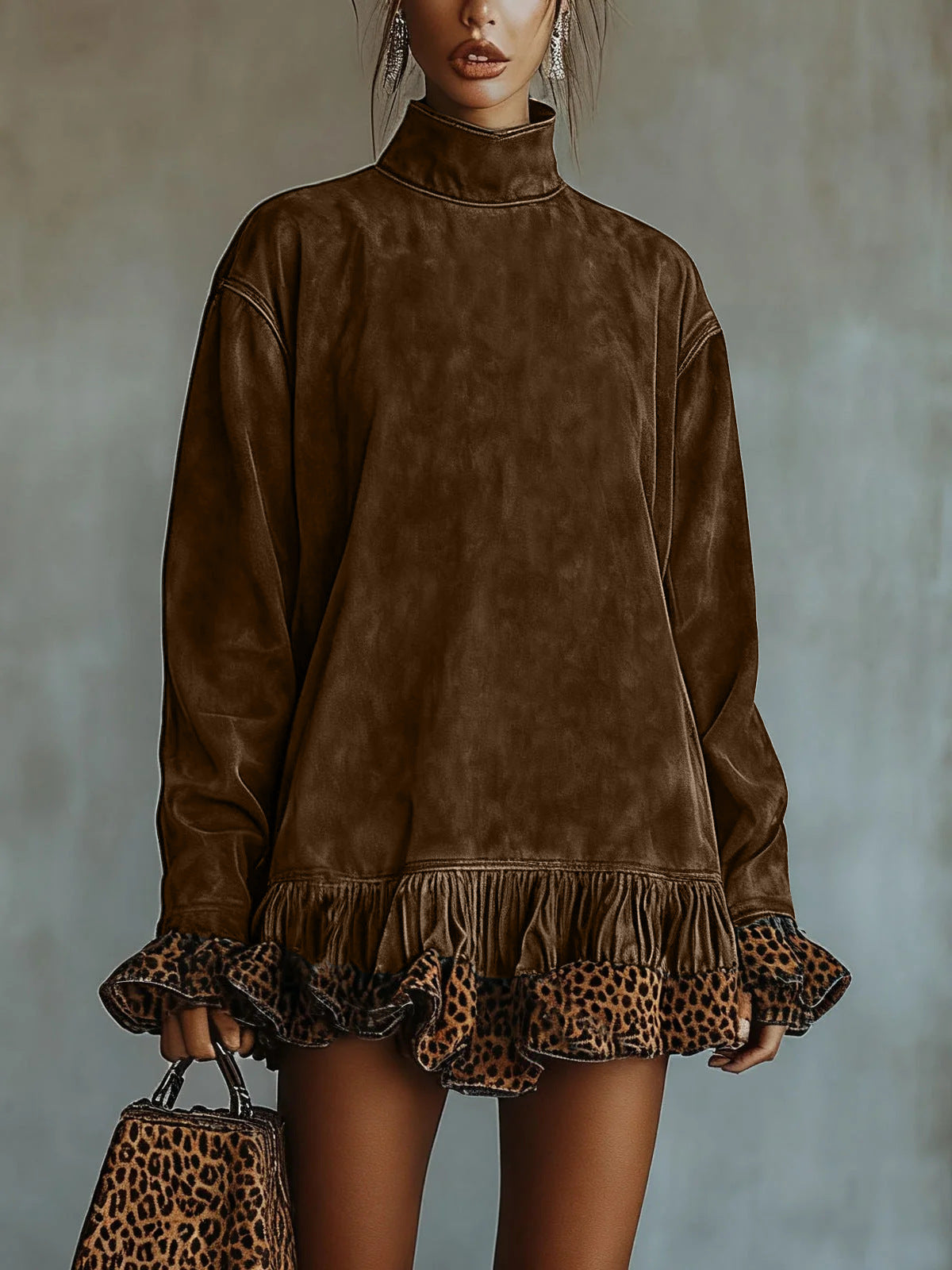 Robe patchwork léopard à col montant et manches longues