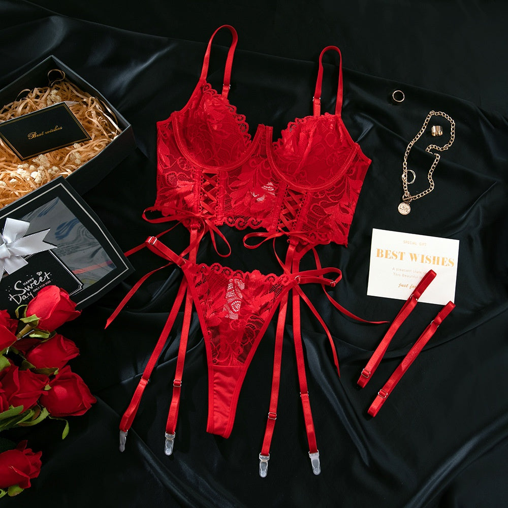 Ensemble de lingerie en dentelle rouge pour femme - Sexy, bretelles froncées et réglables, élégant et confortable