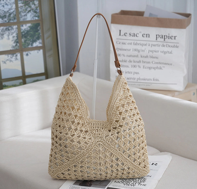 sac en paille tressée ajourée, ceinture tressée