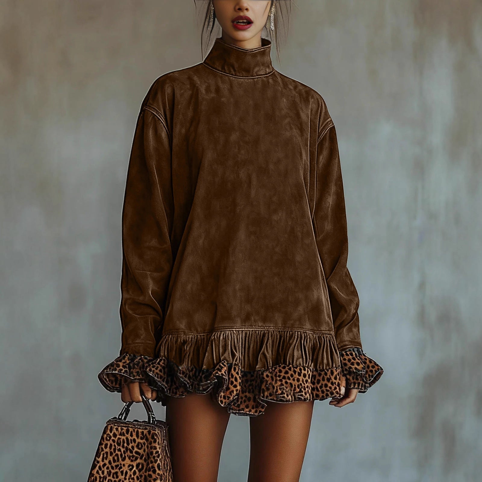 Robe patchwork léopard à col montant et manches longues