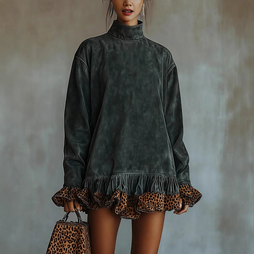 Robe patchwork léopard à col montant et manches longues