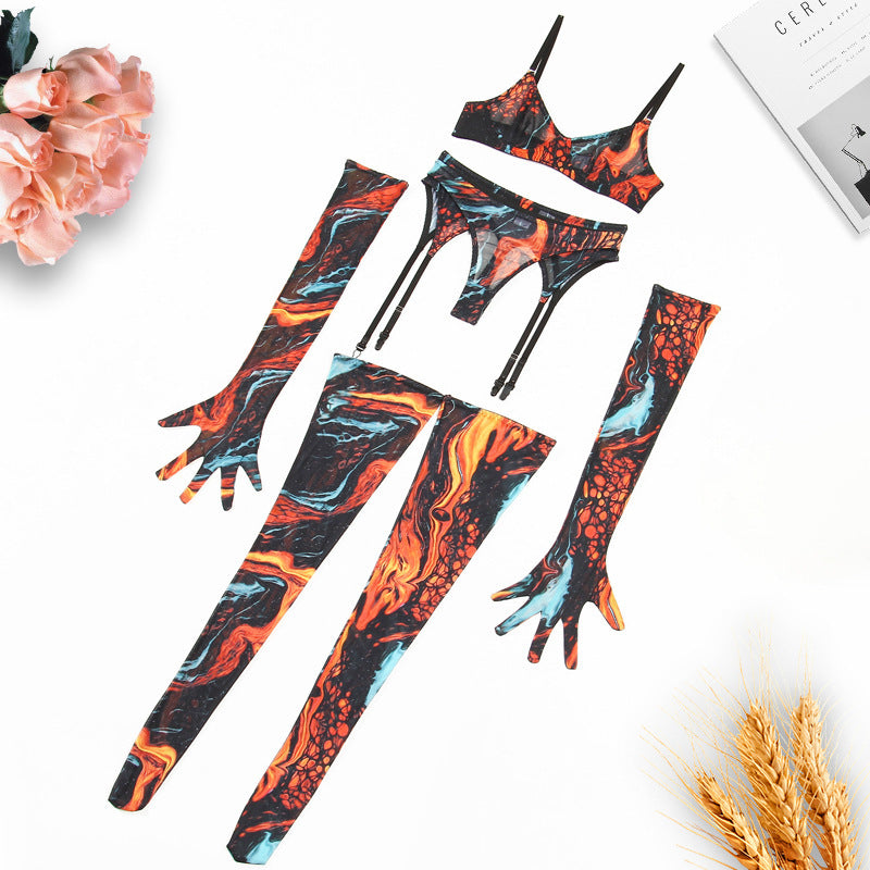 Ensemble de lingerie sexy cinq pièces en maille froncée, tie-dye colorée