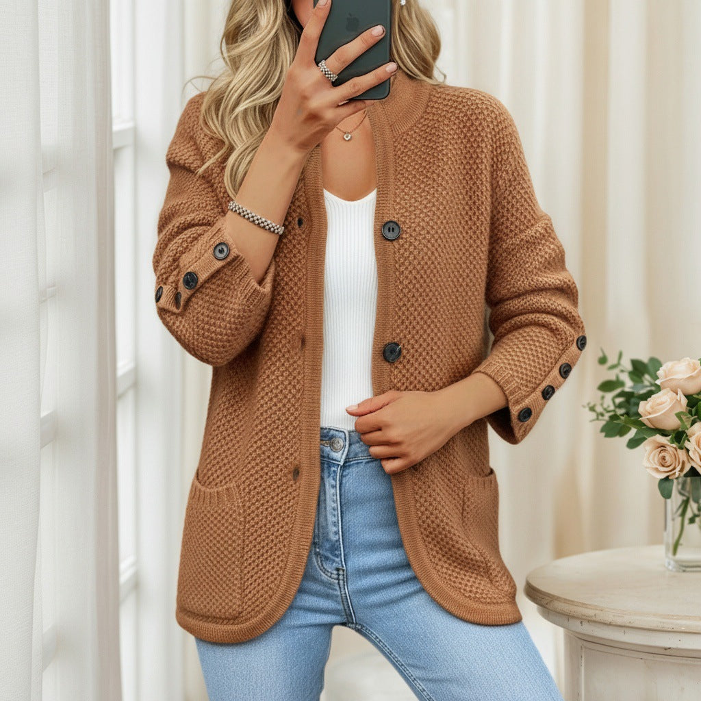 Gilet cardigan uni à col montant et poches