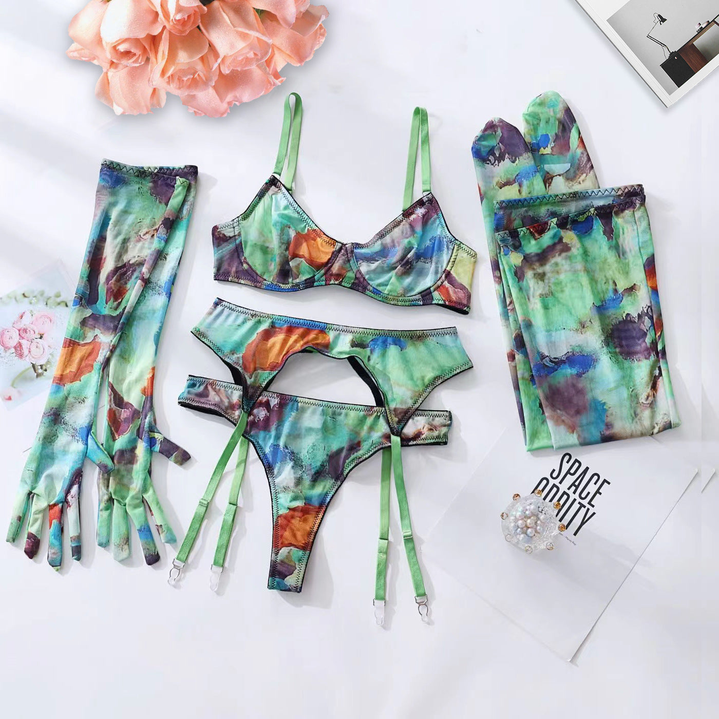 Ensemble de lingerie sexy cinq pièces en maille froncée, tie-dye colorée
