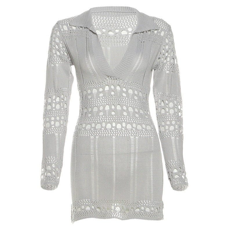 Robe moulante sexy en maille ajourée et déchirée à col en V