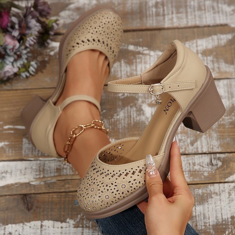 Sandales rétro à bout creux et talon mi-haut, fermeture à un seul bouton