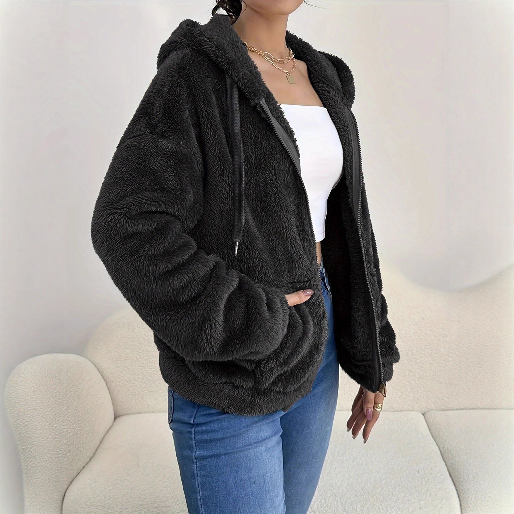 cardigan à capuche zippé de couleur unie avec poches