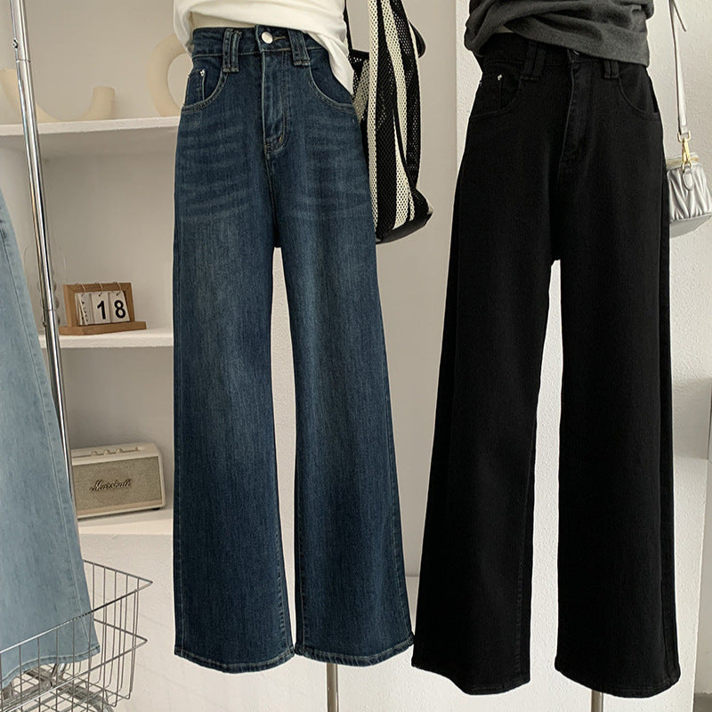 Jean taille haute, style décontracté printanier, coupe droite délavée, tendance