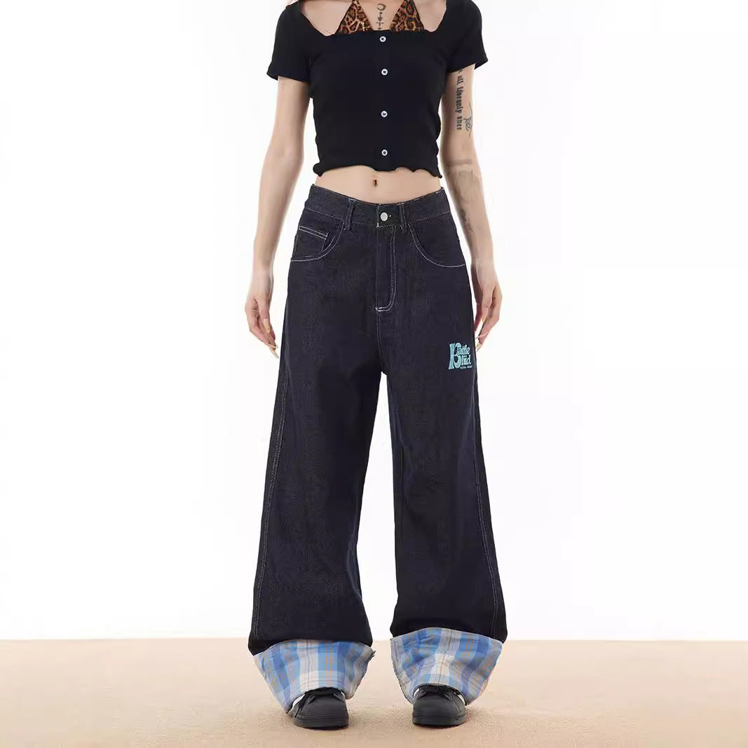 Jean à carreaux patchwork à ourlet roulé