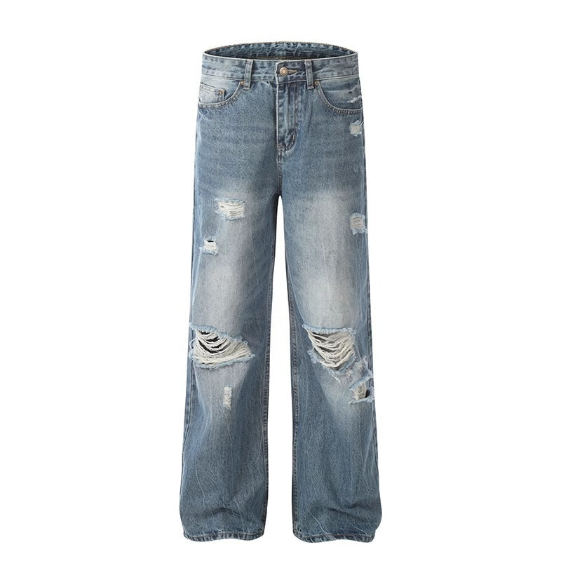 Jean déchiré style streetwear, coupe ample, jambe droite, décontracté, respirant, pantalon long fluide