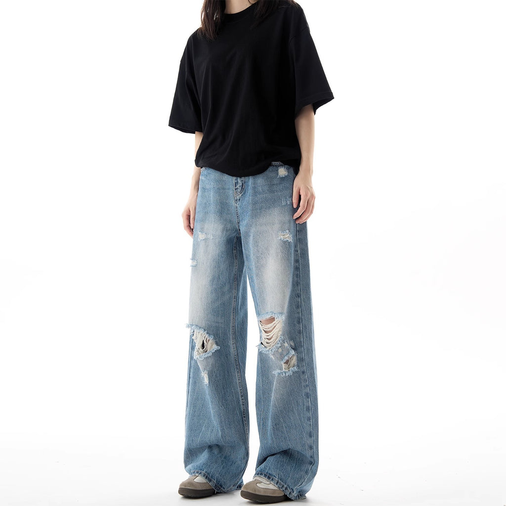 Jean déchiré style streetwear, coupe ample, jambe droite, décontracté, respirant, pantalon long fluide