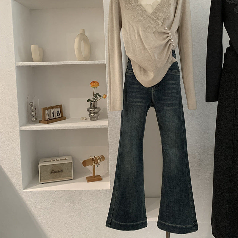 Jean évasé style rétro, taille haute, élastique et amincissant