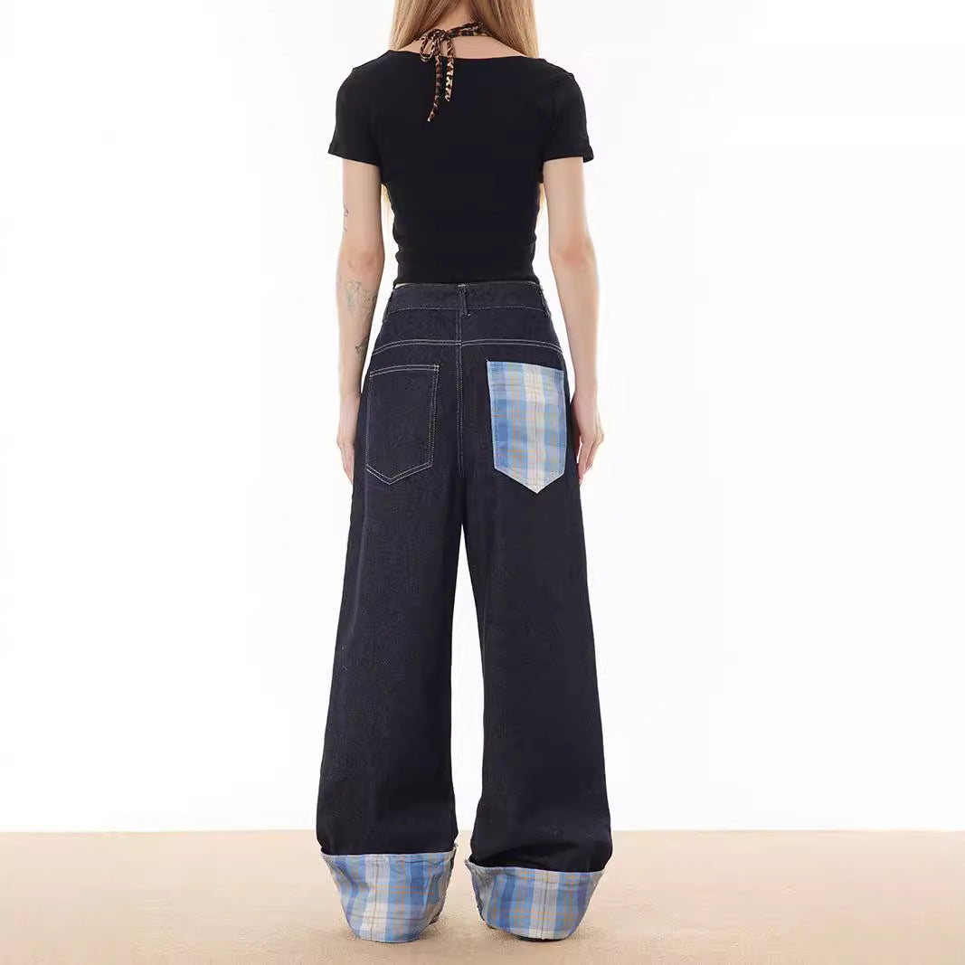 Jean à carreaux patchwork à ourlet roulé